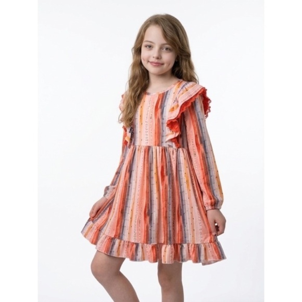 Ruffle Girl Long Sleeve Dress Kids 3XL Multicolor Stripe Ruffle Trim